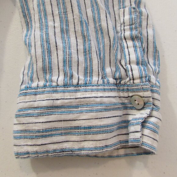 J Jill Love Linen White Blue/Black Striped Hi-Low Tunic Large Tall - Picture 9 of 16